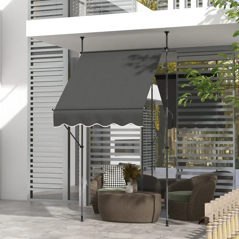Freistehende Markise, Sonnenstore, Sichtschutz für Balkon & Garten, verstellbare Länge, Montage ohne Bohren, 1,5L x 1,2B x 2,1-3H m Dunkelgrau