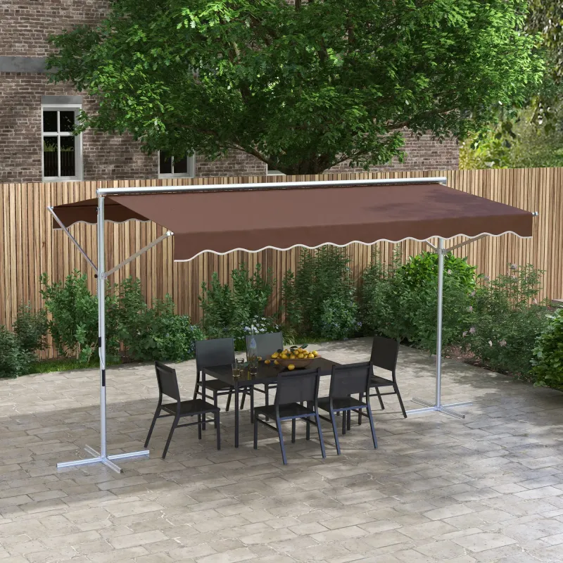 Sonnenstore, Freistehende Markise, neigungsverstellbar, Handkurbel, Metallgestell, wetterfest, 4x3m, Kaffee
