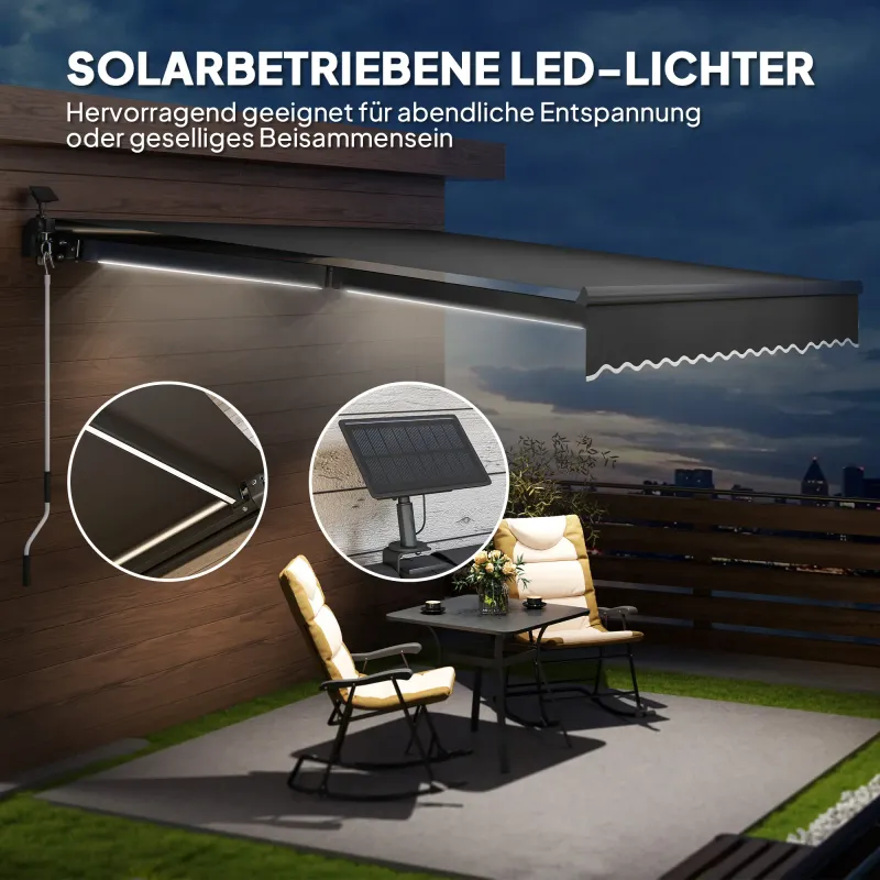 Sonnenstore Gelenkarmmarkise, 400 cm, Grau, mit Handkurbel und Solar-Beleuchtung