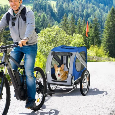 Fahrradanhänger für Hunde bis 30 kg, weiss und blau, faltbar, 8 Reflektoren, Anhängestange, 130 x 73 x 90 cm