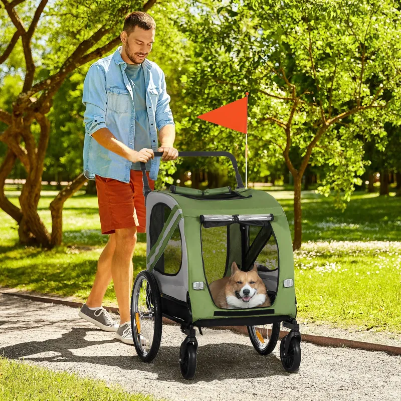 2-in-1 Hundebuggy/Hundefahrradanhänger, klappbar, grün, bis 20 kg, wetterfest