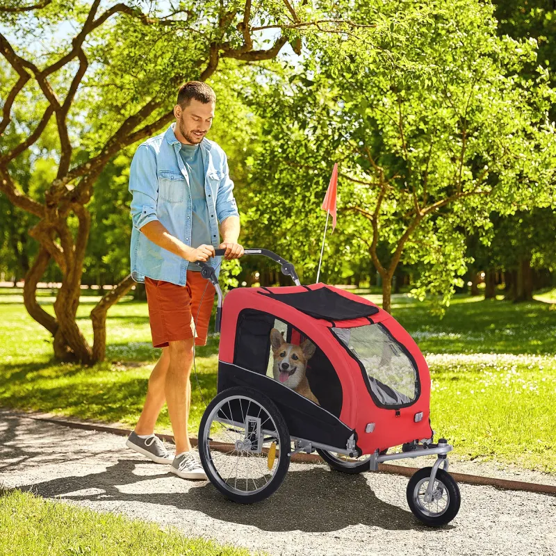Hunde-Velo-Anhänger mit Jogger-Funktion bis 30 kg, rot-schwarz, Universalkupplung, 2-in-1