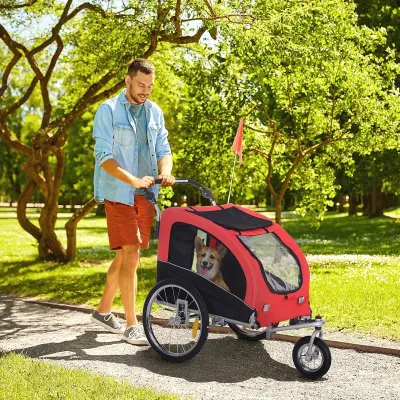 Hunde-Velo-Anhänger mit Jogger-Funktion bis 30 kg, rot-schwarz, Universalkupplung, 2-in-1