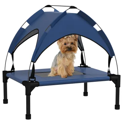 Erhöhtes Hundebett, Katzenbett mit Sonnenschutz, Outdoor, tragbar, wasserabweisend, bis 30 kg, 61 x 46 x 63 cm, Dunkelblau