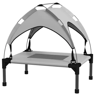 Hundebett mit Sonnendach, Outdoor, tragbar, wasserabweisend, bis 30 kg, 61 x 46 x 63 cm, Hellgrau