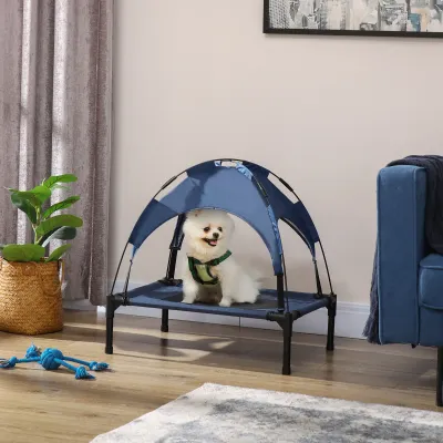 Hundebett, Outdoor, Katzenbett, wetterbeständig, mit Baldachin, 61cm x 46 cm x 62 cm, Blau + Schwarz
