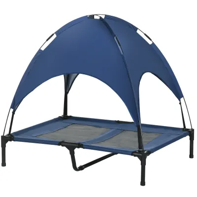 Hundebett mit Baldachin, Outdoor-Hundebett, klappbar, erhöhter Stand, Blau + Schwarz