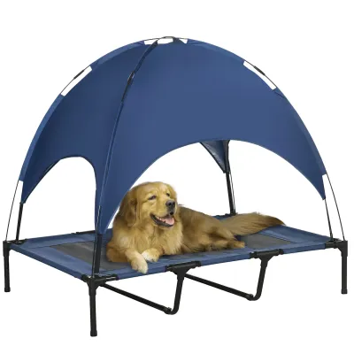 Outdoor-Hundeschlafplatz Wetterfestes Hundebett, mit Baldachin, klappbar, 122 x 92 x 108 cm, Blau + Schwarz