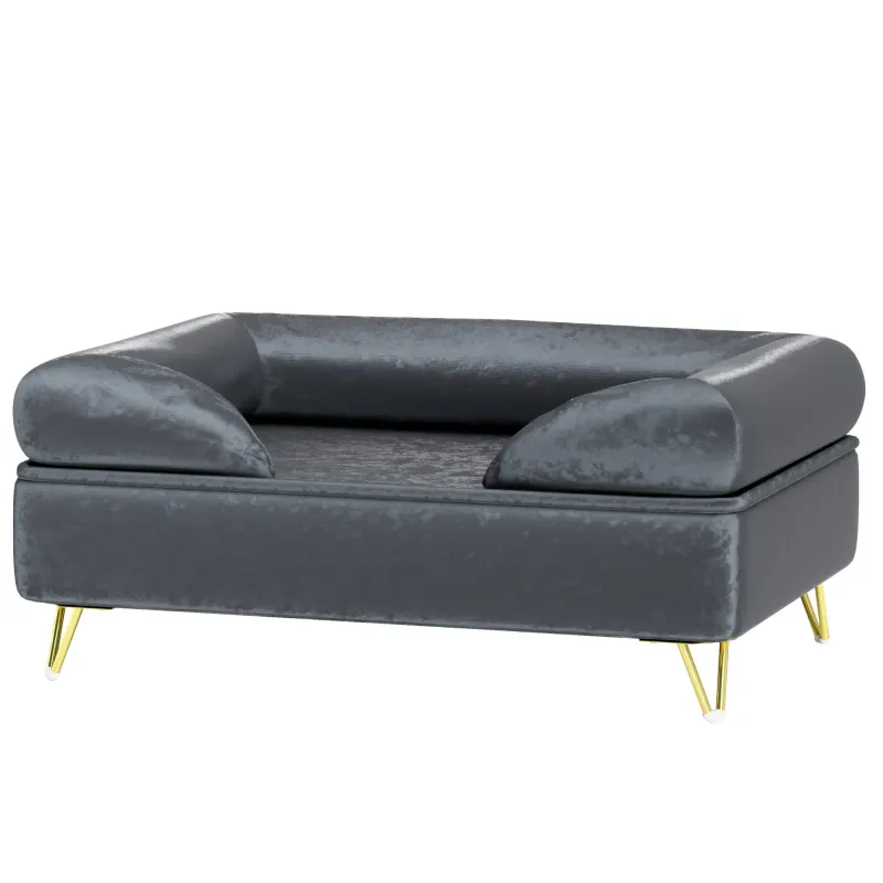 Hundesofa, Hundebett, waschbarer Bezug, für kleine Hunde bis 10kg, Holzrahmen, 76x53,5x34cm, Grau