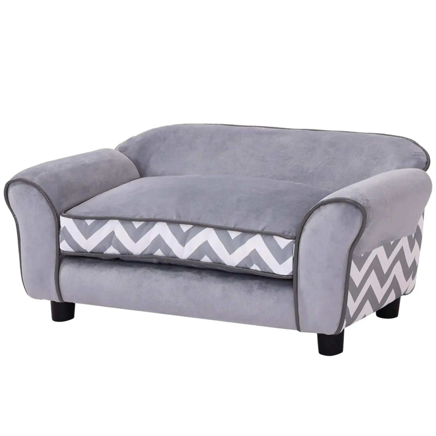 Hundesofa, Haustiersofa mit erhöhten Füßen, Hundecouch, Hundeliege mit Kissen, Hundebett, Katzensofa, Waschbar, Samt, Grau, 73,5 x 41 x 33 cm