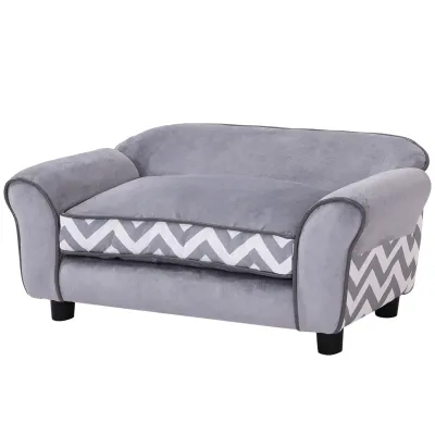 Hundesofa, Haustiersofa mit erhöhten Füßen, Hundecouch, Hundeliege mit Kissen, Hundebett, Katzensofa, Waschbar, Samt, Grau, 73,5 x 41 x 33 cm