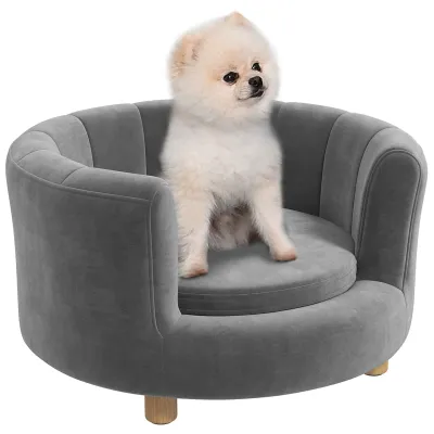 Hundesofa Waschbares Hundebett mit Rückenlehne und Holzbeinen für kleine Hunde Grau