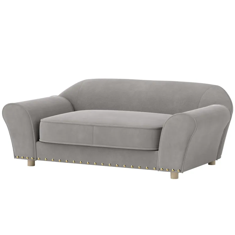 Hundesofa, Hundebett mit Nieten, dickes Kissen, abnehmbarer Bezug, rutschfeste Füsse, bis 10 kg, Grau