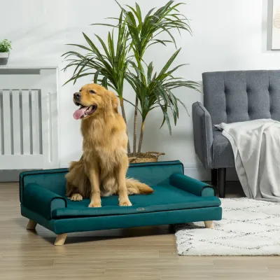 Hundebett, Hundesofa, skandinavisches Design mit abnehmbarem flauschigem Kissen massive Holzbeine 100 x 62 x 32 cm Entenblau