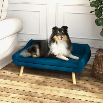 Hundesofabett im skandinavischen Design – weiches abnehmbares Kissen, Holzbeine – Blau