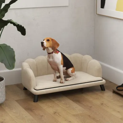 Hundesofa im Muscheldesign 98L x 60B x 35H cm mit flauschigem Kissen aus Velours Creme