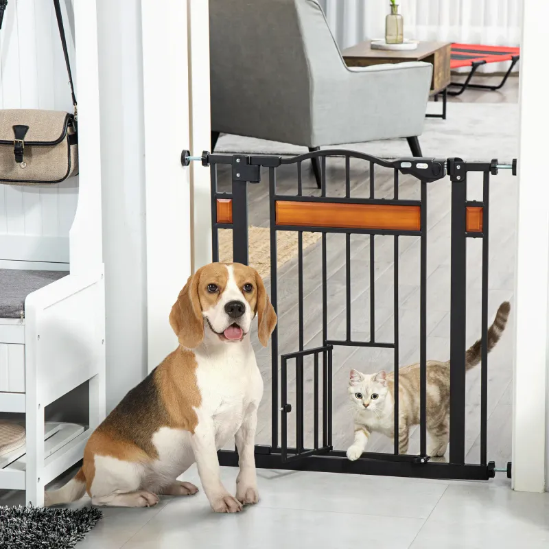 Hundegitter mit Katzenklappe 74–80 cm, Stahl/Kiefer, schwarz, Montage ohne Bohren