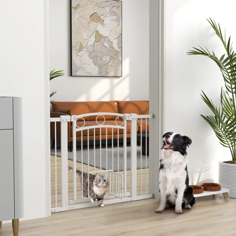 Hundegitter Treppengatter 76–104 cm, weiss, mit Katzentür, doppelte Verriegelung
