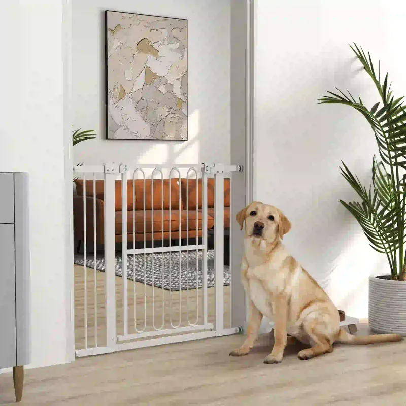 Hundegitter Türschutzgitter 76–104 cm, weiss, ohne Bohren, 94 cm hoch, doppelte Verriegelung