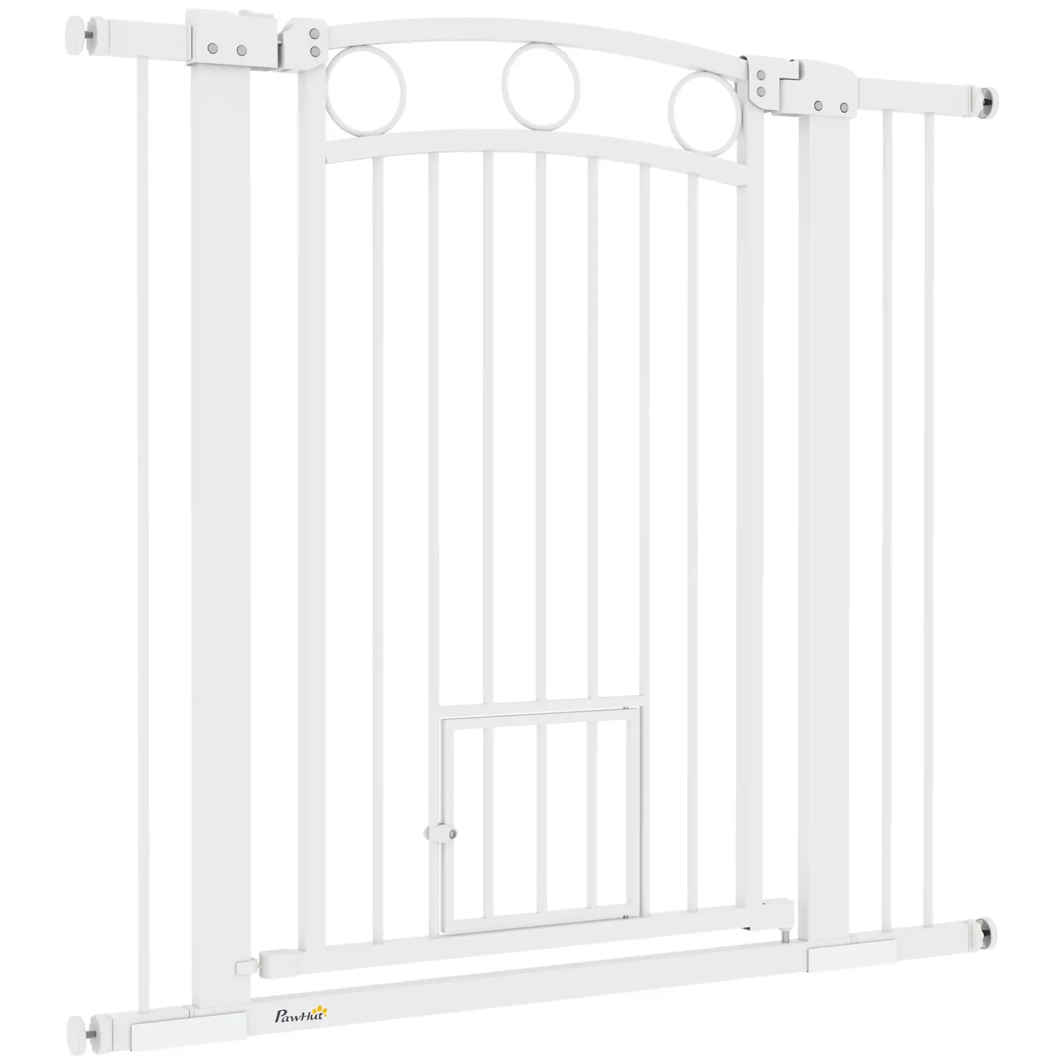 Hunde-Absperrgitter, Hundegitter, 96 cm, verstellbare Breite 76-104 cm, mit Katzentür, für Treppen und Türöffnungen, Weiss