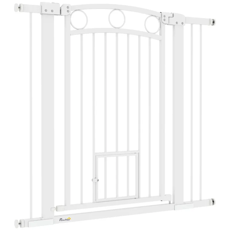 Hunde-Absperrgitter, Hundegitter, 96 cm, verstellbare Breite 76-104 cm, mit Katzentür, für Treppen und Türöffnungen, Weiss