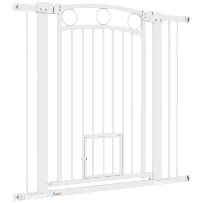 Hunde-Absperrgitter, Hundegitter, 96 cm, verstellbare Breite 76-104 cm, mit Katzentür, für Treppen und Türöffnungen, Weiss