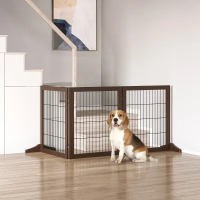Freistehendes Hundegitter 3-teilig, braun, 185 x 71 cm, massiv, klappbar