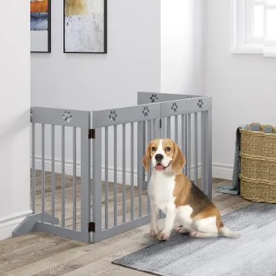 Freistehendes Hunde-Absperrgitter 4 Paneele, Kiefernholz, hellgrau, Pfotenmuster, klappbar