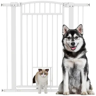 Hundegitter verstellbare Breite 76-102 cm, Absperrgitter mit Katzentür, Weiss
