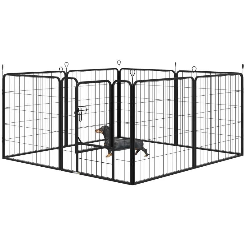 Welpenauslauf Freigehege Welpenlaufstall 8-teilig, 80 cm hoch, schwarz, Metall, faltbar, mit Tür, Erdspiessen