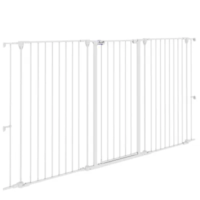 Sicherheitsgitter für Hunde aus Stahl mit 3 Klapp-Panels, 206L x 120H cm, Doppelverriegelung und integrierter Tür Weiss