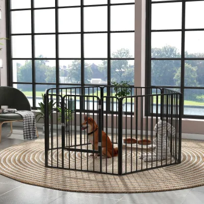Modulares Hundegitter 6 Paneele, 80 cm hoch, schwarz, Stahl, mit Tür, für Innen- & Aussenbereich