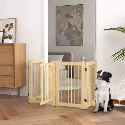 Freistehendes Hundegitter 4 Paneele, 204x36x75 cm, Naturholz, Kiefernholz, klappbar, mit Tür