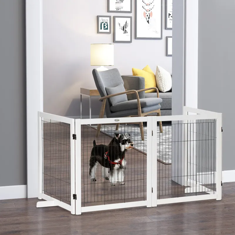 Hundegitter Türschutzgitter Holz Absperrgitter 305x35,5x82 cm, weiss, Stahl, bidirektionales Falten