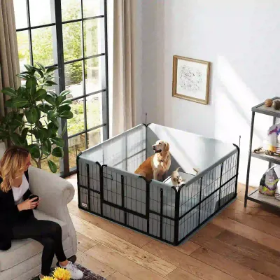 Hundewurfbox Welpenbox Hundewurfkiste mit Tür und waschbarer Matte 122 x 122 x 60 cm Schwarz
