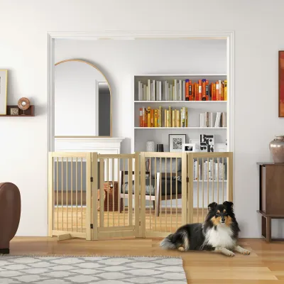 Freistehendes Hunde-Absperrgitter 4 Paneele, 220x36x91 cm, Naturholz, klappbar, mit Tür, Stützfüssen