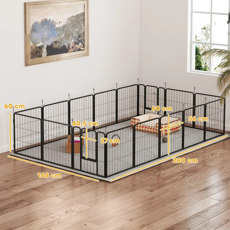 Grosser Hundepark Freigehege 16 Paneele, 60H cm, schwarz, faltbar, Stahl, modular, 2 Türen