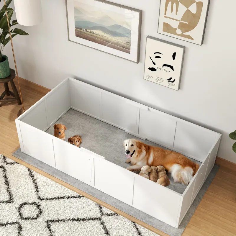 Welpenbox Wurfbox 196x96x48 cm, weiss, Kiefernholz, verstellbare Eingänge