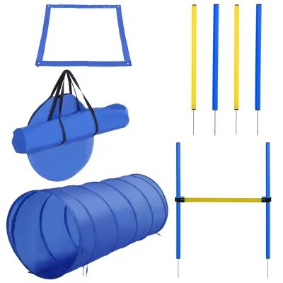 Hunde-Agility-Parcours, inkl. Tunnel, Slalomstangen, Hürdenstange-Set, Startfeld, Blau+Gelb