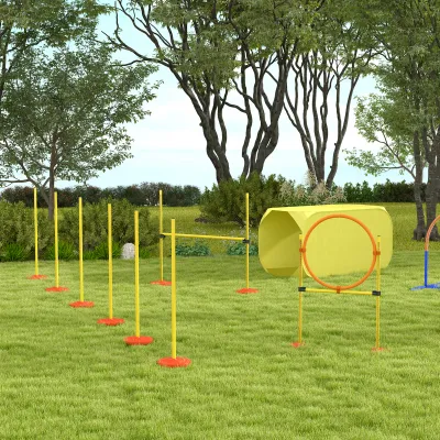 Hunde Agility-Set 4 Hindernisse – Tunnel, Ring, Slalom, Rot/Gelb