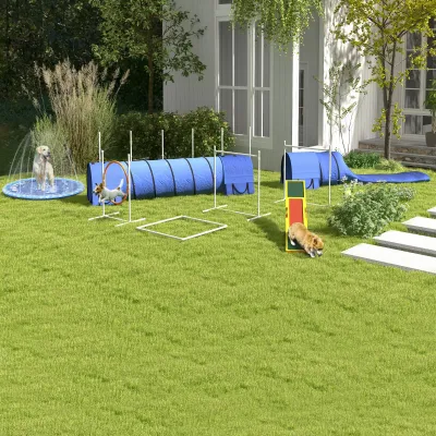Hunde-Agility-Set – Reifen, 2 Tunnel, 2 Hürden, Slalom, Blau/Rot inklusive Hundepfeife