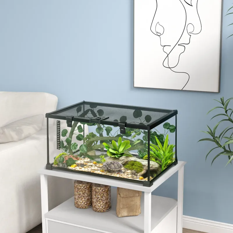 Starter-Set Glas-Terrarium 50L x 30B x 25H cm transparenter Deckel Schiebegitter Schwarz