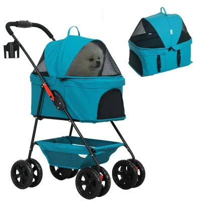 3-in-1-Hundewagen, Hundebuggy, Pet Stroller mit 4 Rädern und abnehmbarer Trage für Hunde und Katzen Türkis