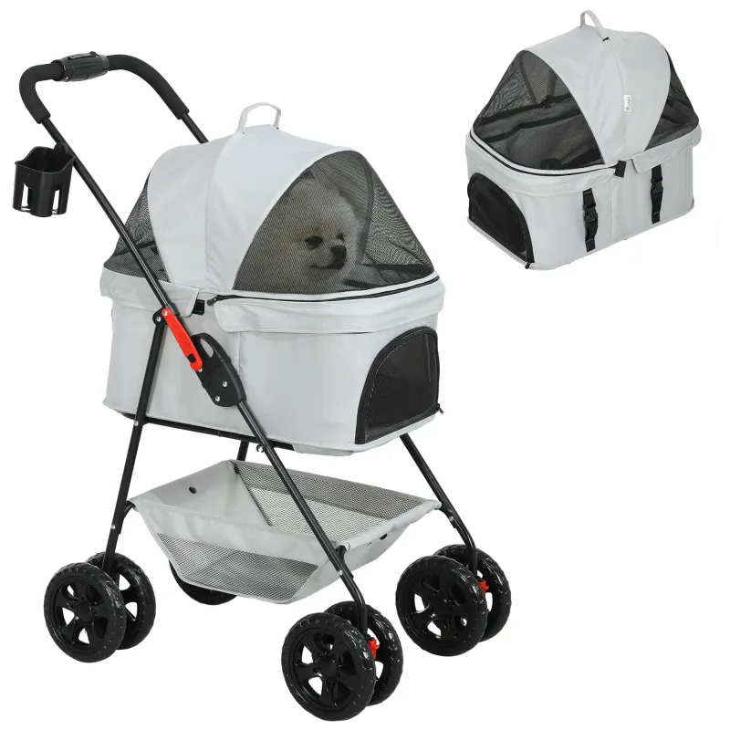 3-in-1-Hundewagen, Hundebuggy, Pet Stroller mit 4 Rädern und abnehmbarer Trage für Hunde und Katzen Grau
