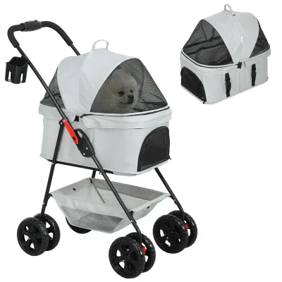 3-in-1-Hundewagen, Hundebuggy, Pet Stroller mit 4 Rädern und abnehmbarer Trage für Hunde und Katzen Grau