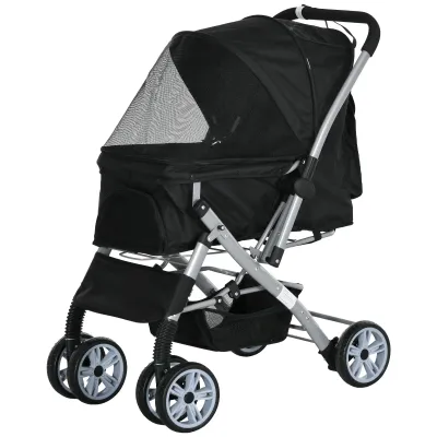 Faltbarer Hundebuggy, Pet Stroller mit Korb und Aufbewahrungstasche, Sicherheitsgurte, schwarz