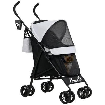 Hundewagen Hundebuggy Pet Stroller mit Netzfenstern, Schultergurt, Aufbewahrungstasche, Becherhalter Hellgrau