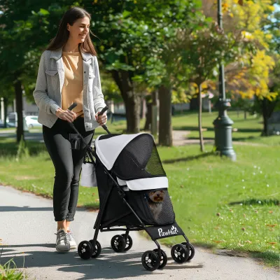 Hundewagen Hundebuggy Pet Stroller klappbar – Sicherheitsleinen, Netzfenster, Hellgrau