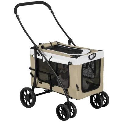 Hundbuggy Haustierbuggy Hundewagen, klappbar, abnehmbarer Korb, 81 x 58 x 97,5 cm, Schwarz+Khaki+Weiss