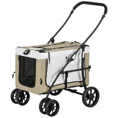 Hundbuggy Hundewagen, klappbar – Korb abnehmbar, Schwarz/Khaki/Weiss